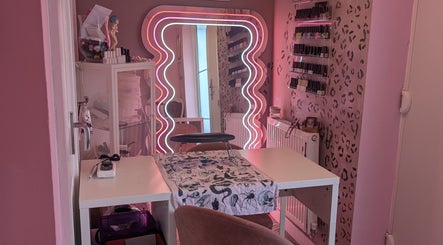 Stylish nail station with neon lights at J.m.nails, Fair Oak, England, GB.
