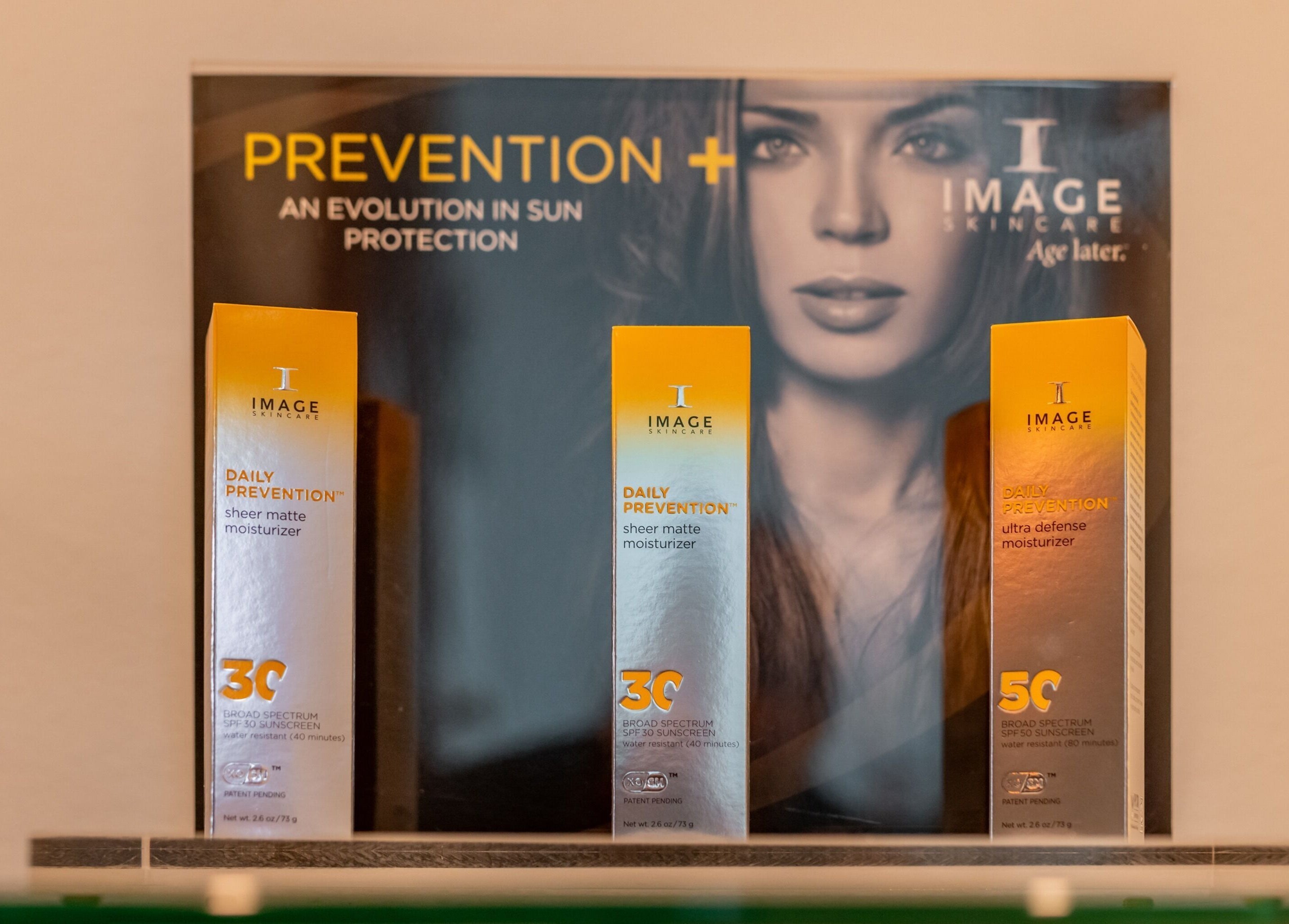 Display of Image skincare sunscreens at Absolute Body Waxing and Spa, Winter Park, Florida, US.