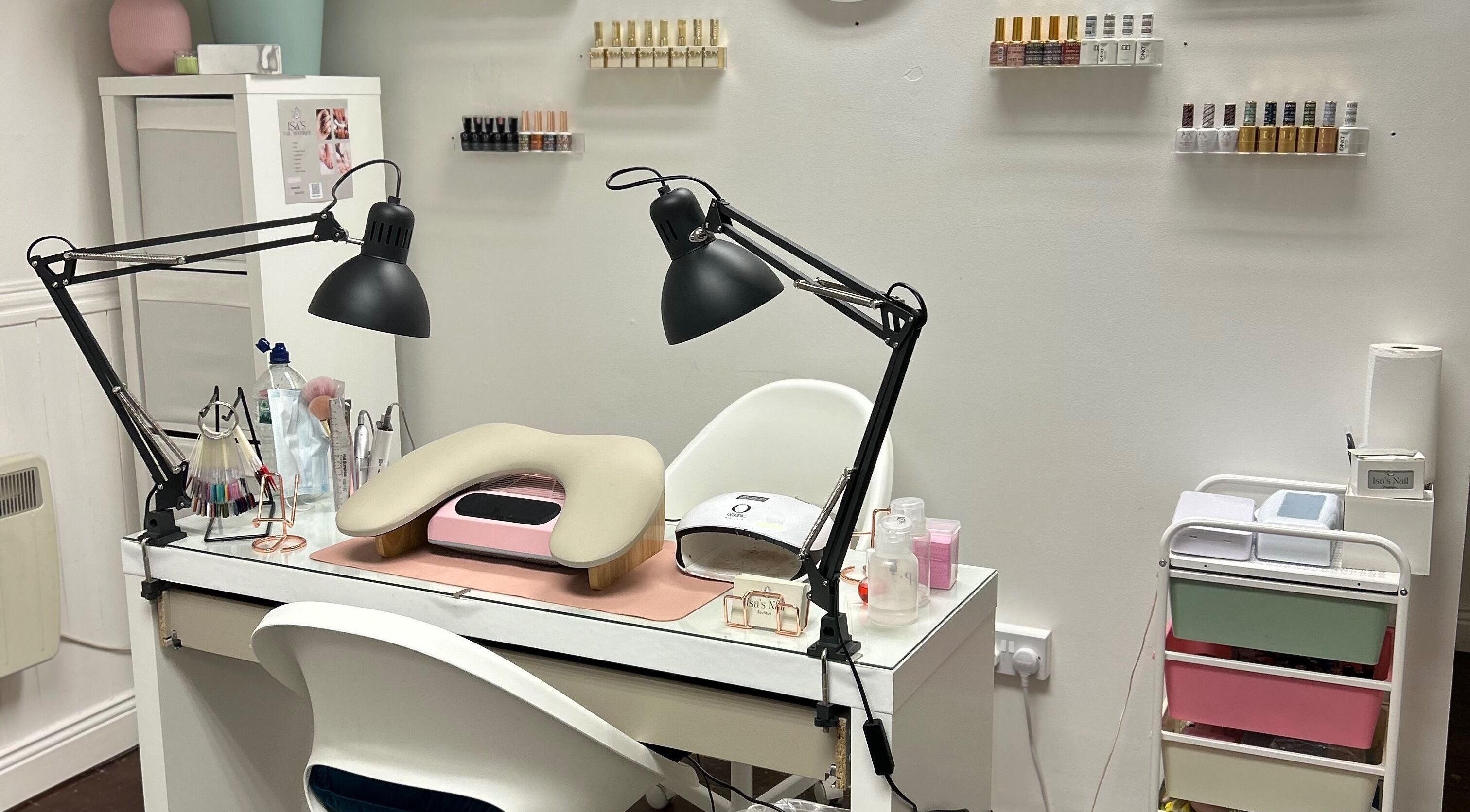 Stylish nail station at Isa’s Nail Boutique, Dublin, County Dublin, IE, with modern decor and professional tools.