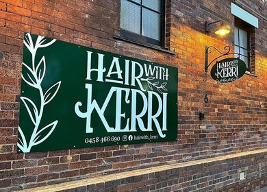 Hair With Kerri sign on rustic brick facade near Colestè Twilley Makeup, Crows Nest, Queensland, AU.