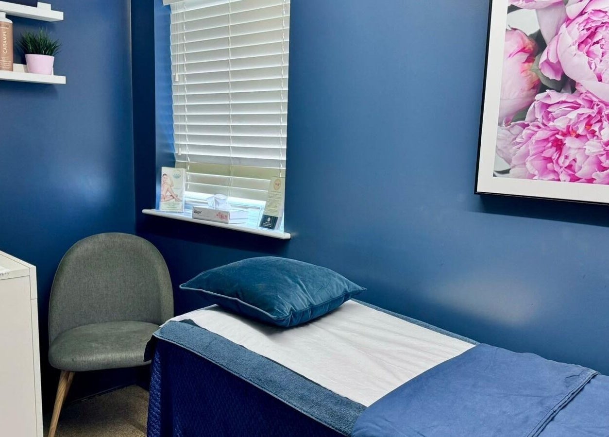 Tranquil treatment room at No37 Home of Beauty and Aesthetics, Kirkby in Ashfield, England, GB with blue tones.