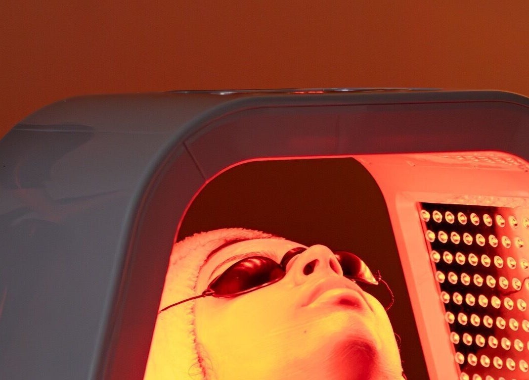 Facial LED therapy session at Soluna Skin Studio, Durham, North Carolina, US.