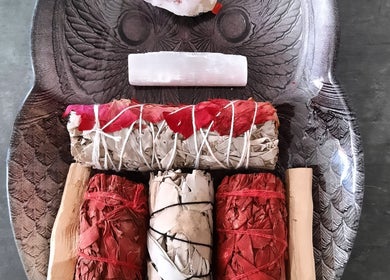 Variety of smudge sticks on carved tray at Rehab Holistic Therapies, Kilmarnock, Scotland, GB.