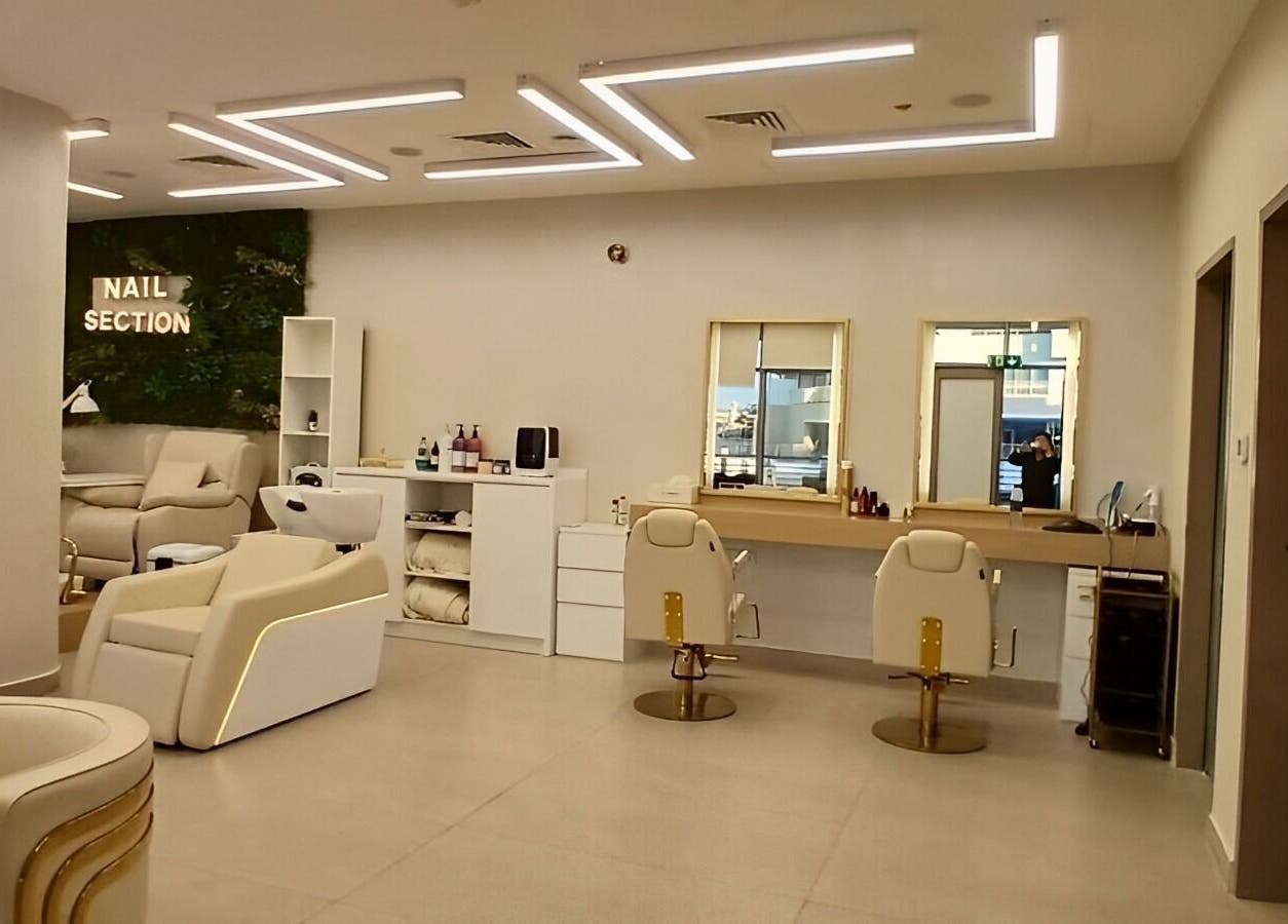 Chic interior of Hair Space Ladies Salon by Zain & Steve in Abu Dhabi, AE, featuring nail and hair sections.