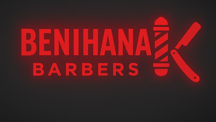 Benihana Barbers neon sign in Papamoa, Bay Of Plenty, NZ. Red glowing text and barber pole design.