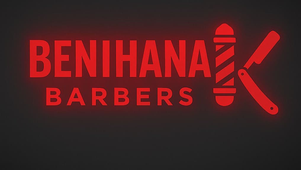 Benihana Barbers neon sign in Papamoa, Bay Of Plenty, NZ. Red glowing text and barber pole design.