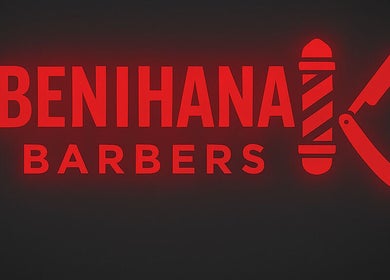 Neon sign of Benihana Barbers, Papamoa, Bay Of Plenty, NZ, with bold red letters.