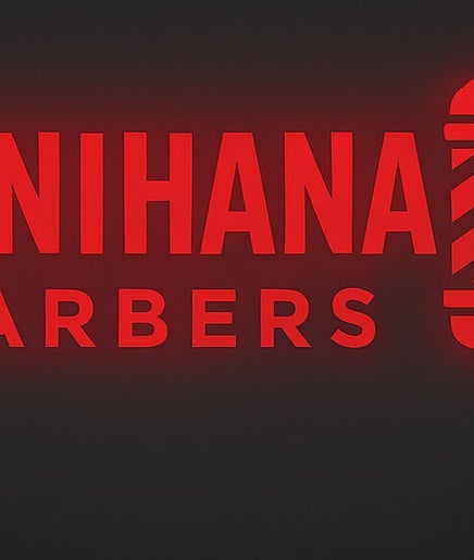Neon sign of Benihana Barbers, Papamoa, Bay Of Plenty, NZ, with bold red letters.