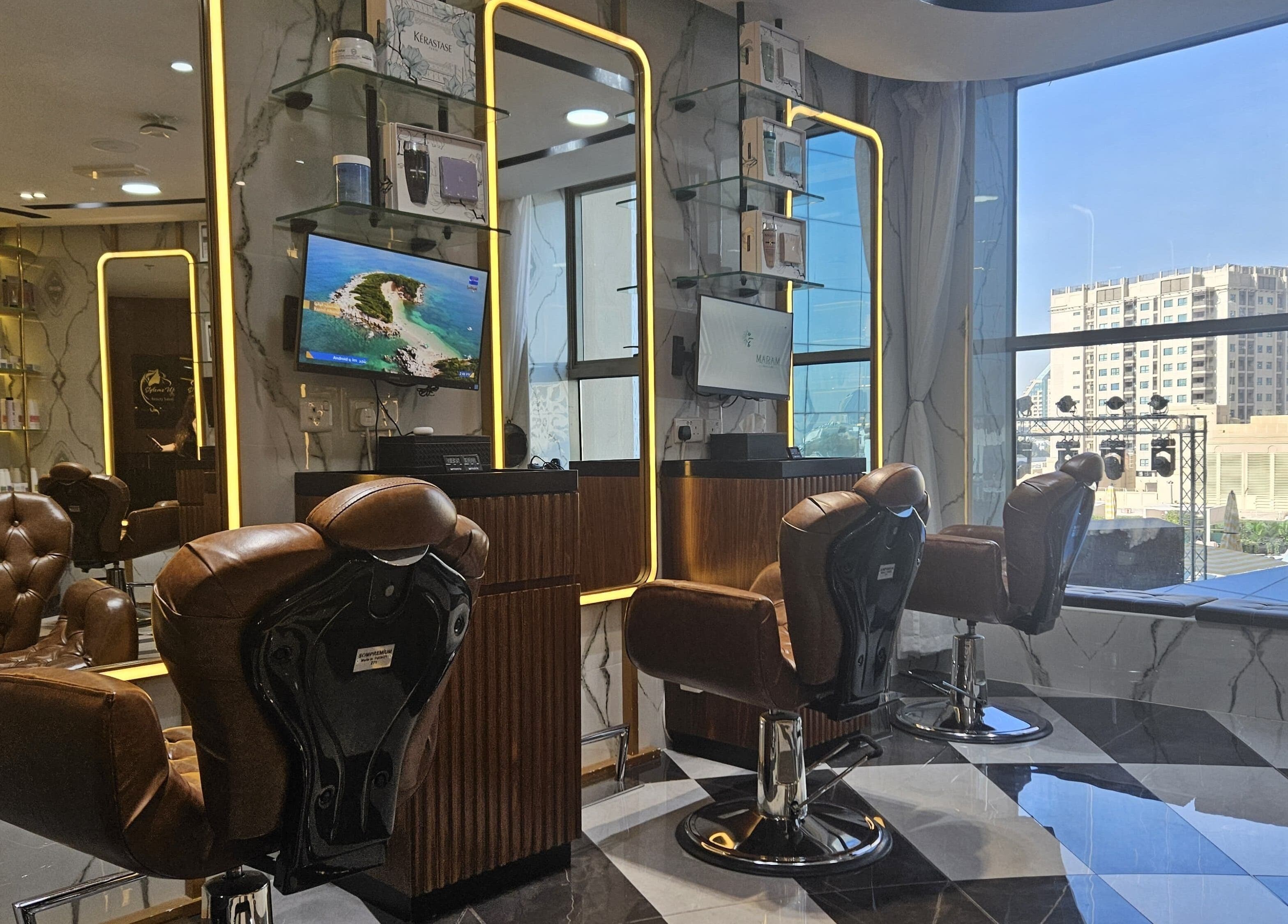 Elegant salon interior at Style Me Up Beauty Salon in Dubai, Dubai, AE, featuring chic leather chairs and modern decor.