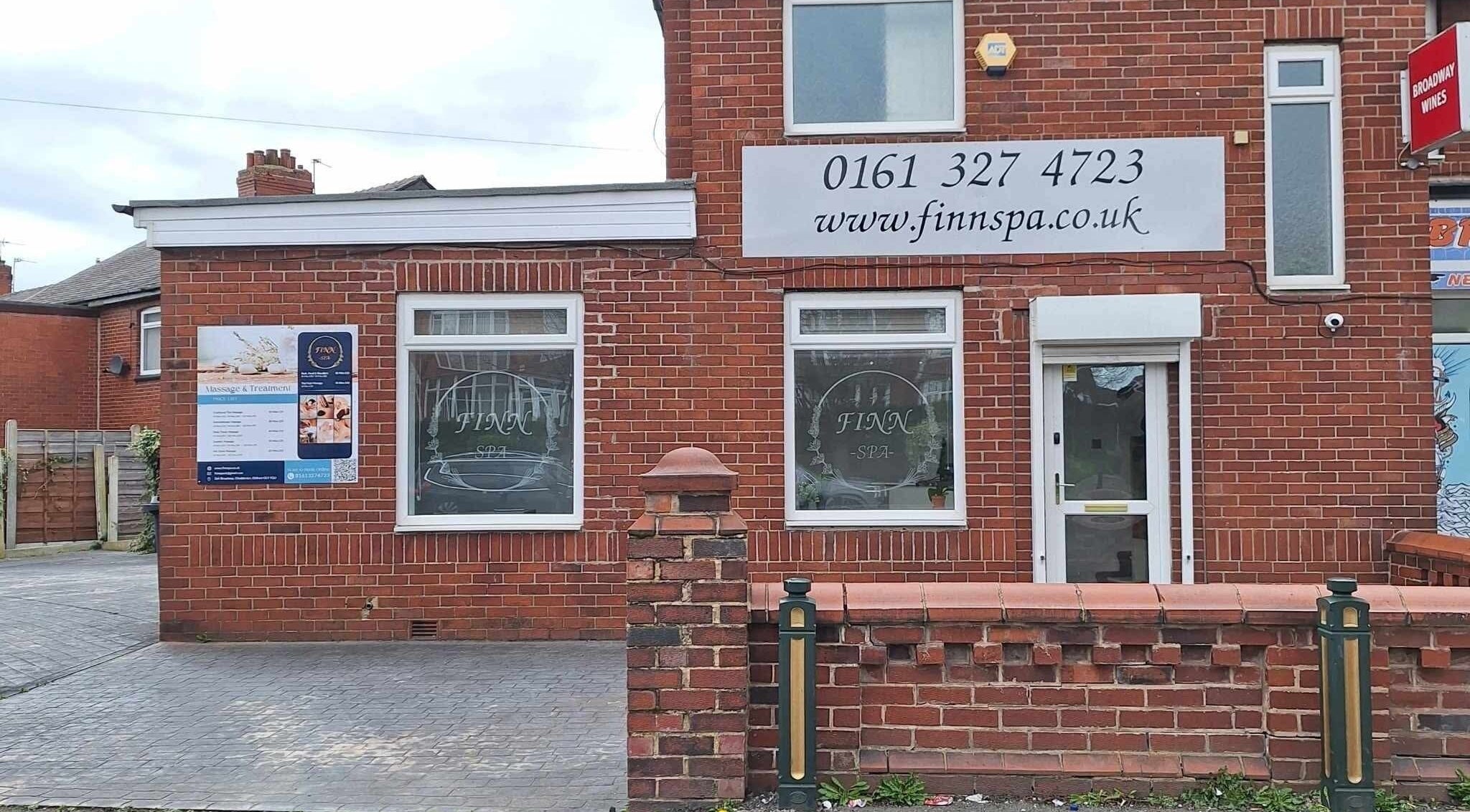 Exterior view of Finn Spa in Manchester, located in Chadderton, England, GB, showcasing its inviting entrance.