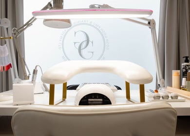 Nail care station at Furious Filer, Gosh Gosh PMU Clinic, London, England, GB with tools and products.