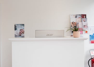 Reception area at Furious Filer at Gosh Gosh PMU Clinic in London, England, GB, features a sleek design.