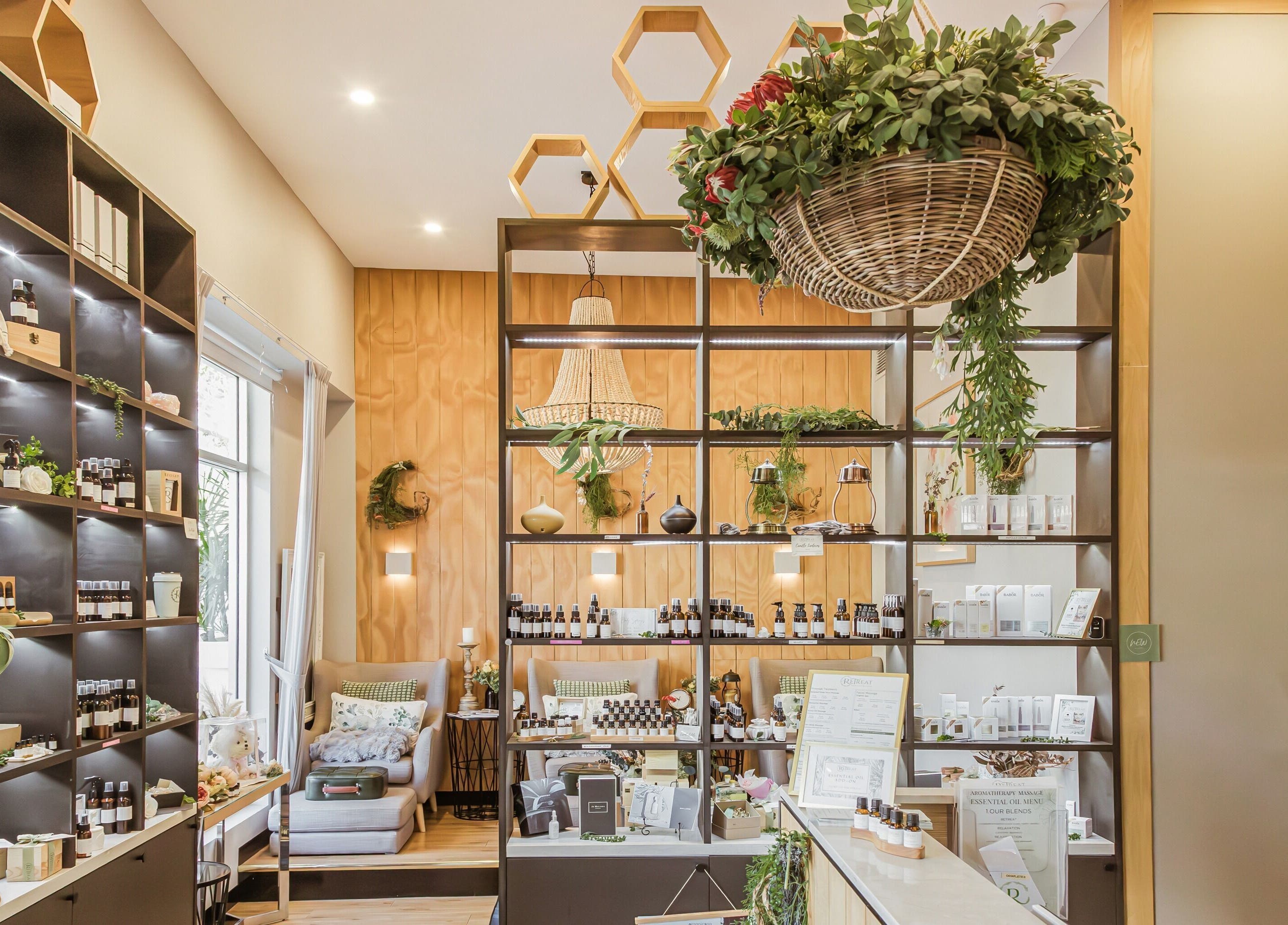 Interior of Retreat Massage and Wellness showcasing products and decor in Southport, Queensland, AU.