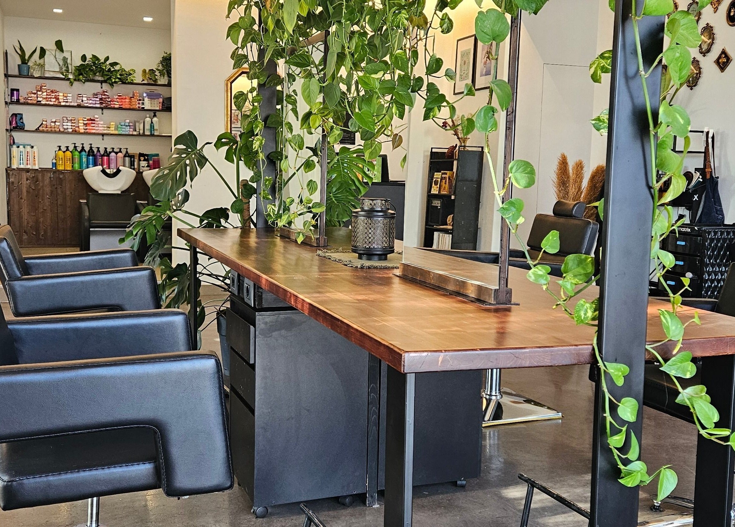 Interno elegante di KAMM hairsalon a Galatone, Puglia, IT, con sedie e piante verdi.