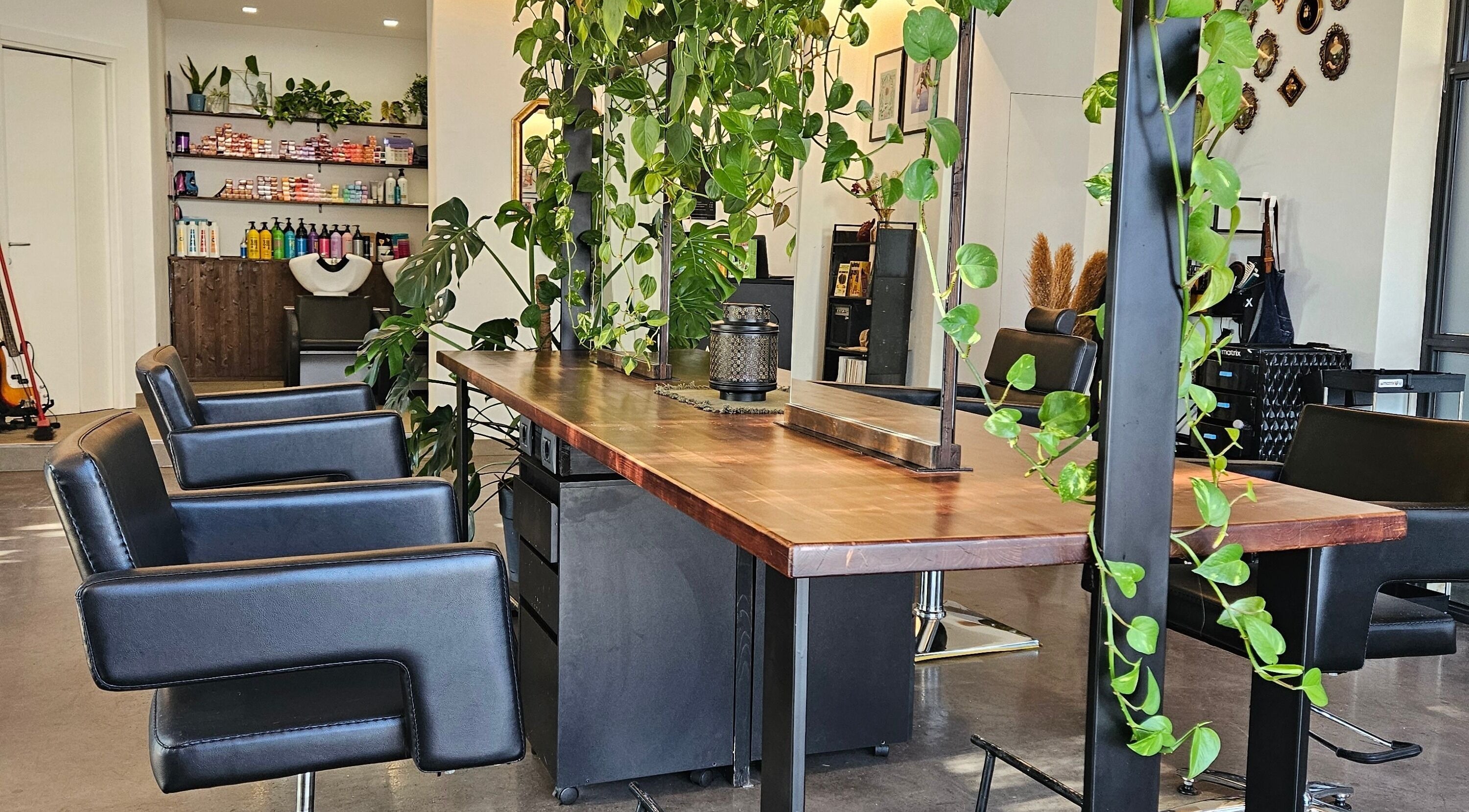 Interno elegante di KAMM hairsalon a Galatone, Puglia, IT, con sedie e piante verdi.