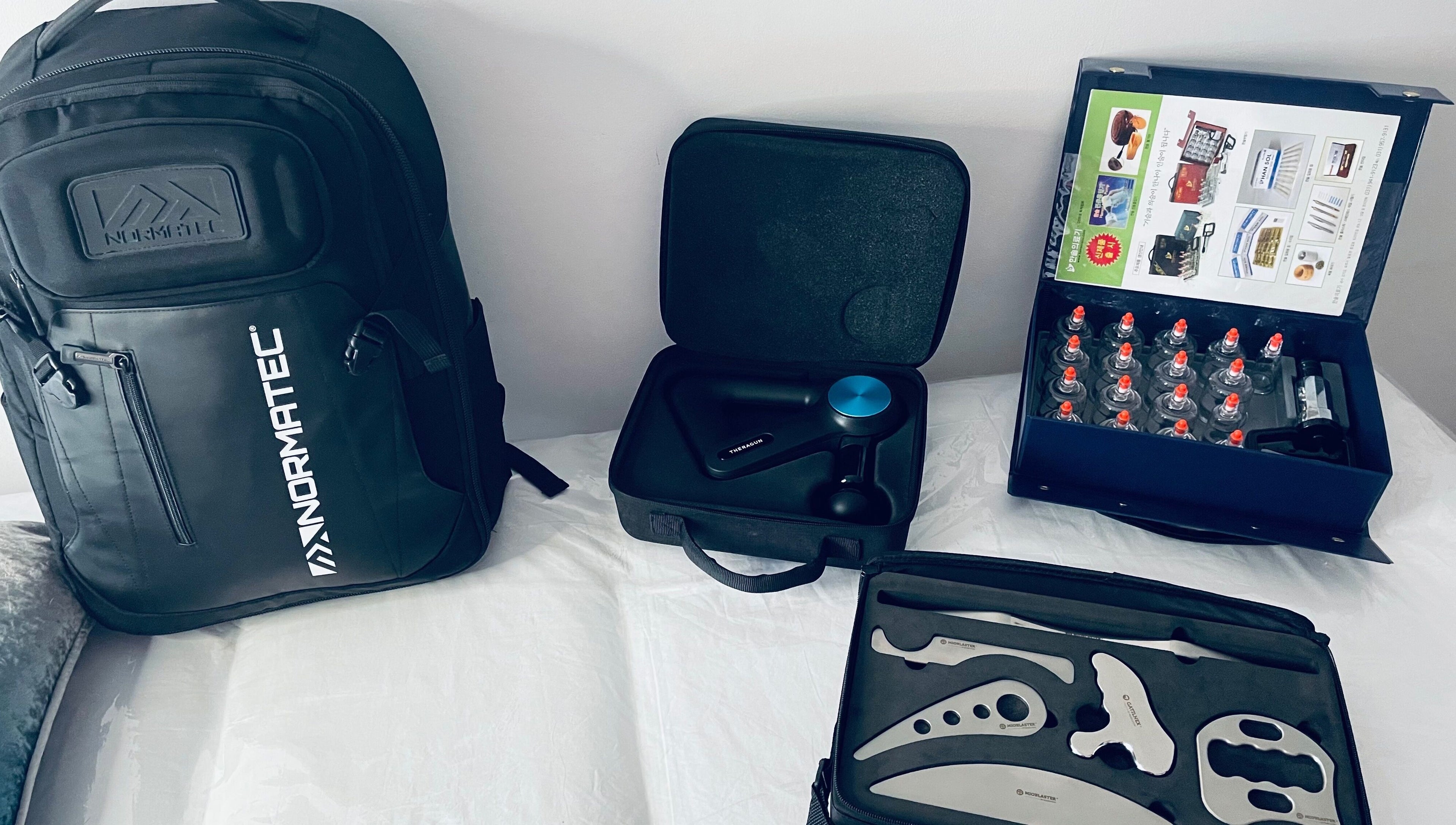 Therapy tools at TC Sports Therapy and Massage, Heelands, England, GB. Includes massage gun, cupping kit, and more.