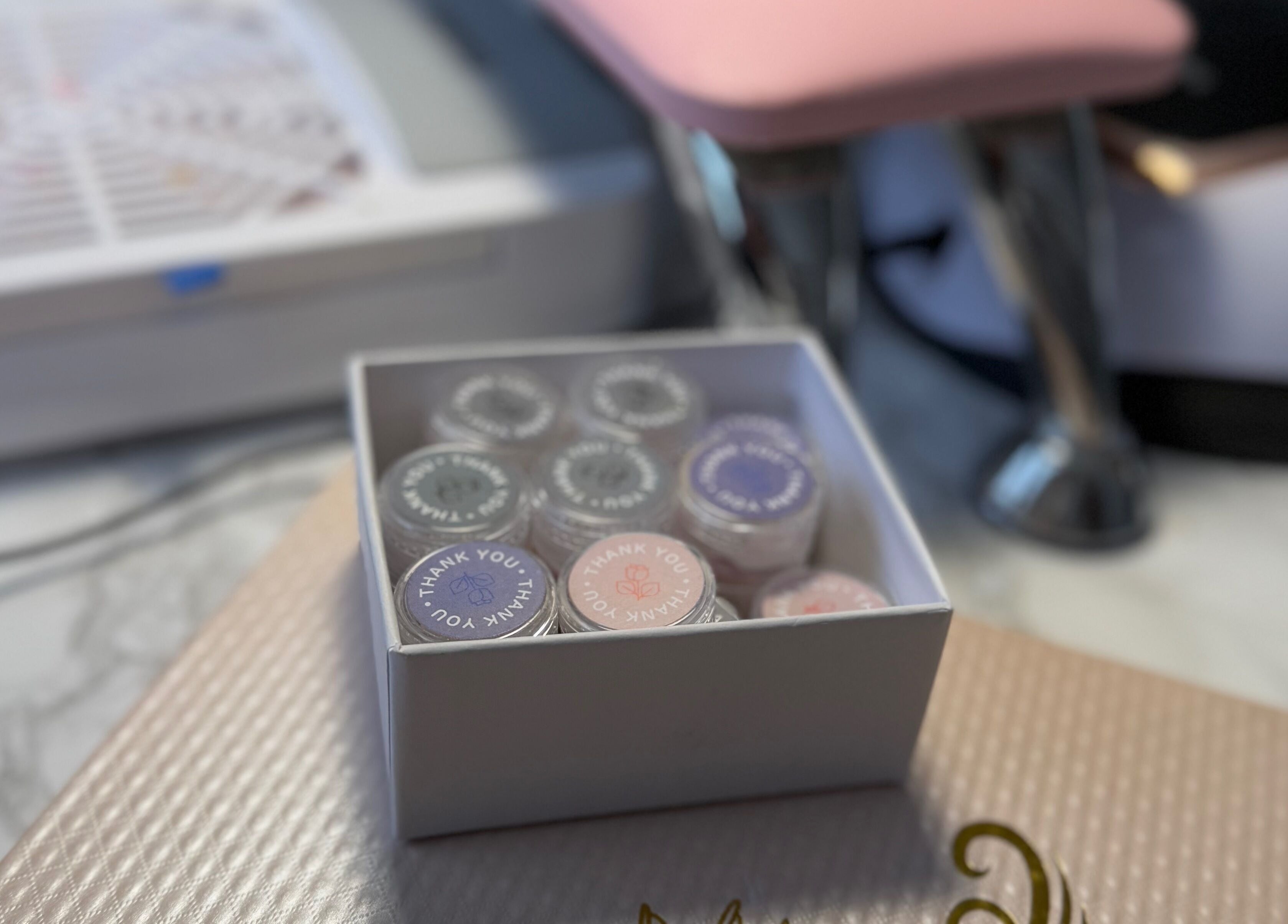 Elegant box of thank you jars at TC Sports Therapy and Massage in Heelands, England, GB.