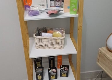 A beauty product display at Izelke's Sculpt and Glow Studio, Cape Town, Western Cape, ZA.
