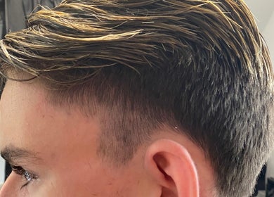 Close-up of a stylish hair fade at Swineshead Barbers, Swineshead, England, GB.