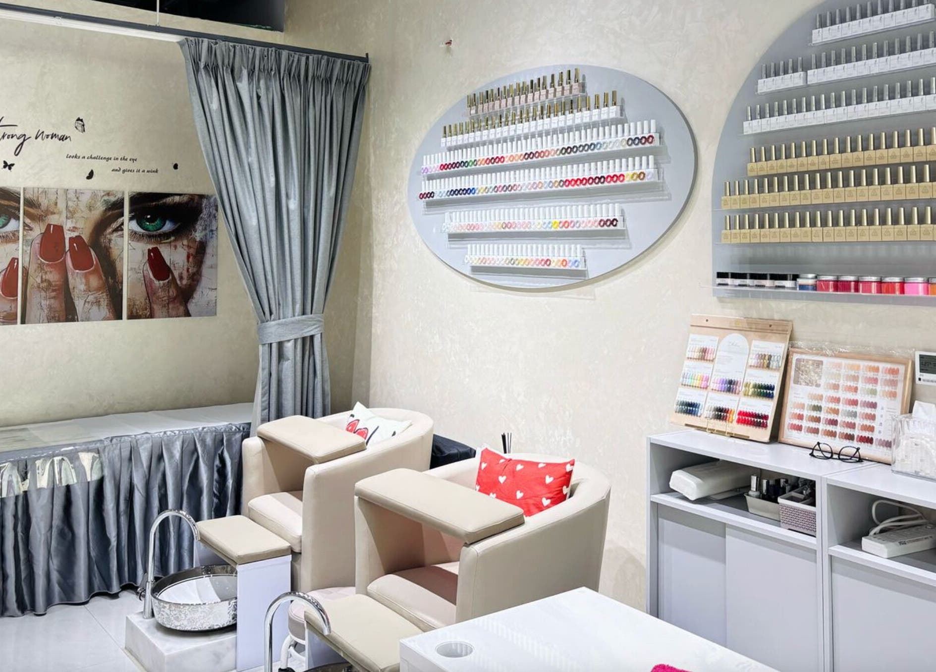 Elegant nail care station at Moonlash Ladies Salon, Dubai, Dubai, AE, showcasing extensive polish selection.