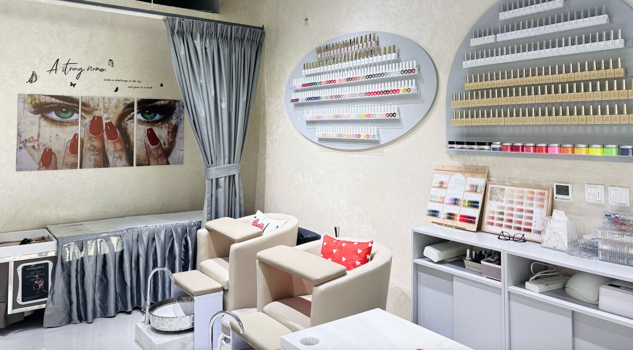 Elegant nail care station at Moonlash Ladies Salon, Dubai, Dubai, AE, showcasing extensive polish selection.