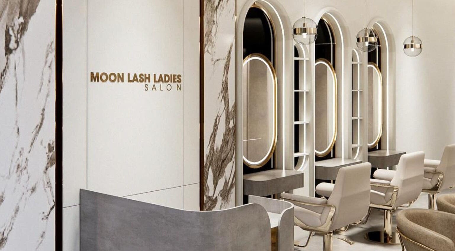 Elegant interior of Moonlash Ladies Salon in Dubai, Dubai, AE showcasing chic salon stations and mirrors.