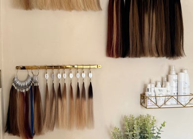 Hair samples and haircare products at Rural Roots Studio, Chapel-en-le-Frith, England, GB.