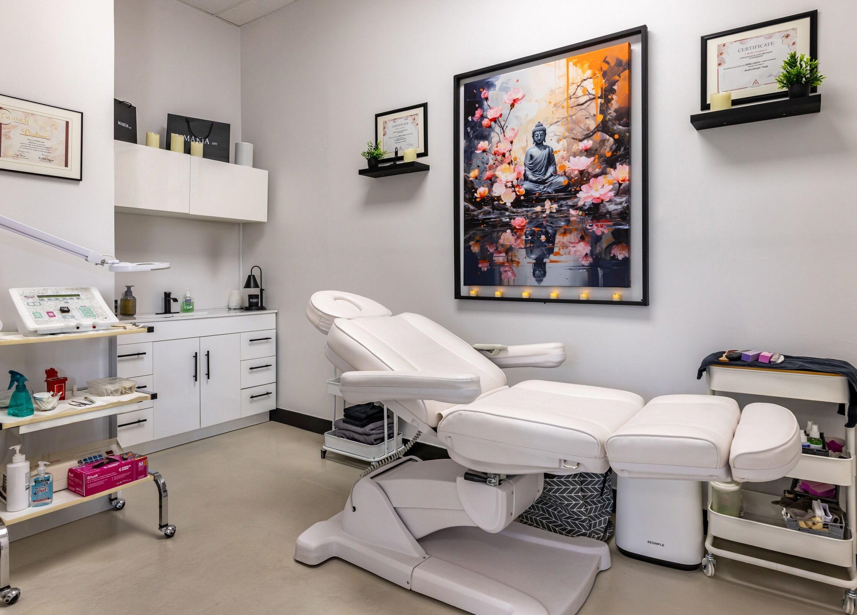 Cabine de traitement moderne à Spa Makia, L'île-perrot, Québec, CA avec fauteuil et décor zen.