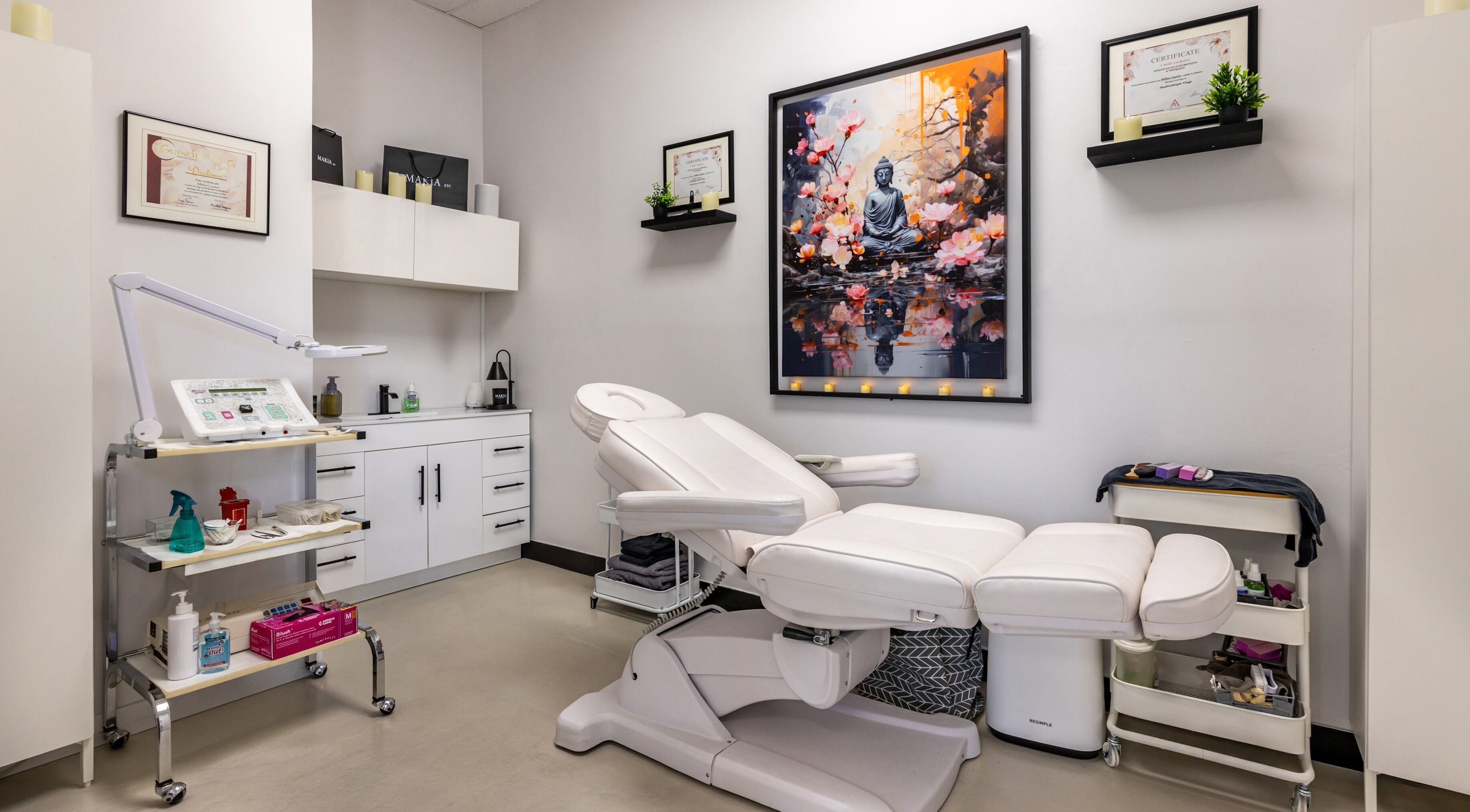 Cabine de traitement moderne à Spa Makia, L'île-perrot, Québec, CA avec fauteuil et décor zen.
