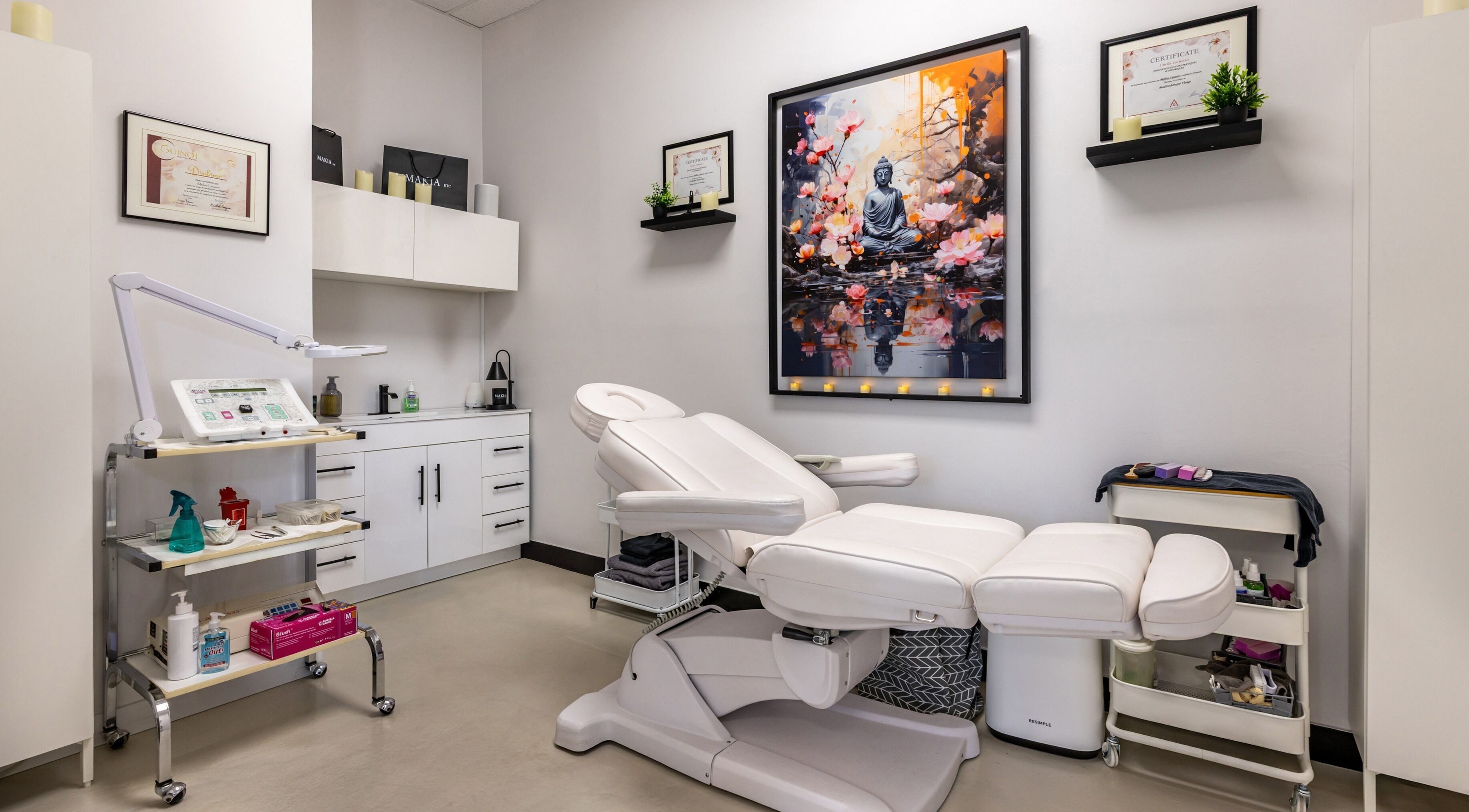 Cabine de traitement moderne à Spa Makia, L'île-perrot, Québec, CA avec fauteuil et décor zen.