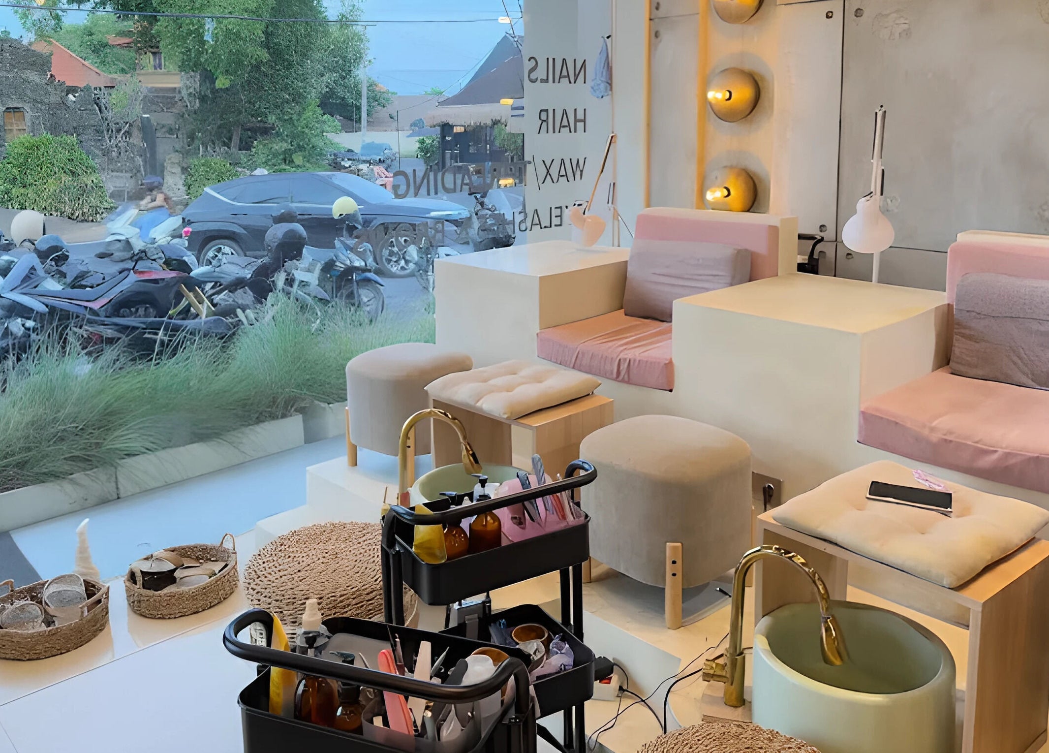 Elegant nail and hair salon setup at The Rustic Sun - Nelayan, Bali, Bali, ID, with plush seating and beauty tools.