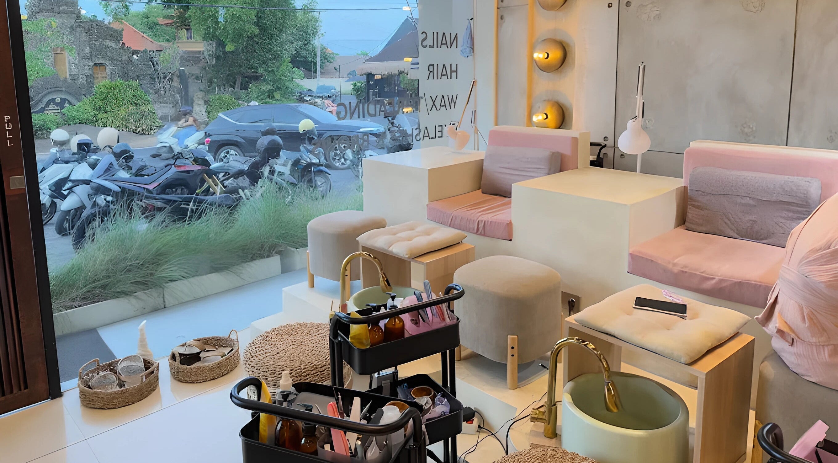 Elegant nail and hair salon setup at The Rustic Sun - Nelayan, Bali, Bali, ID, with plush seating and beauty tools.