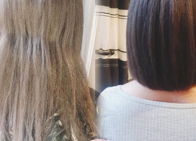 Before and after haircut at TheGingerStylist in Rochdale, England, GB, showcasing a sleek transformation.