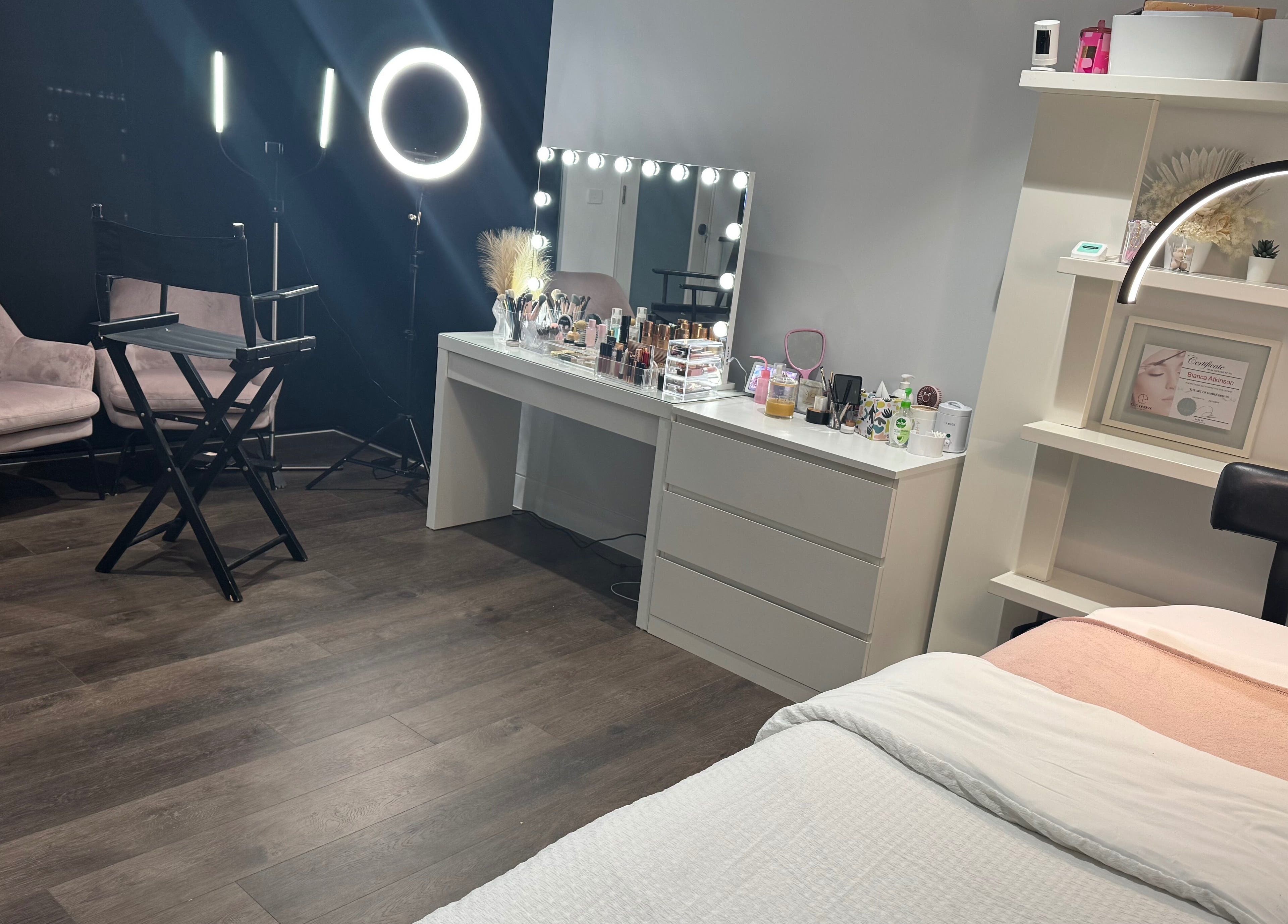 Beeuti Haus Box Hill salon setup with makeup station and treatment bed, New South Wales, AU.