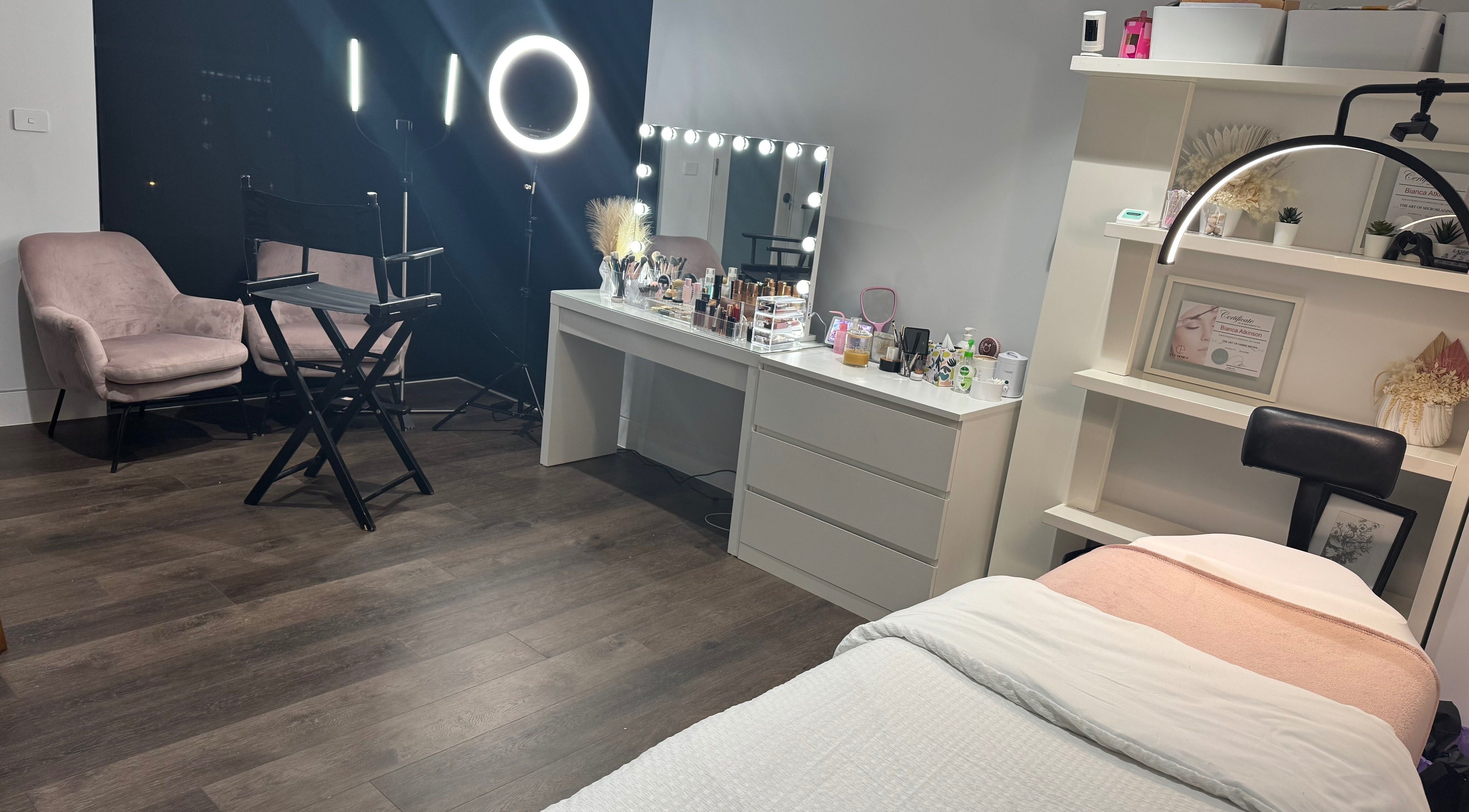 Beeuti Haus Box Hill salon setup with makeup station and treatment bed, New South Wales, AU.
