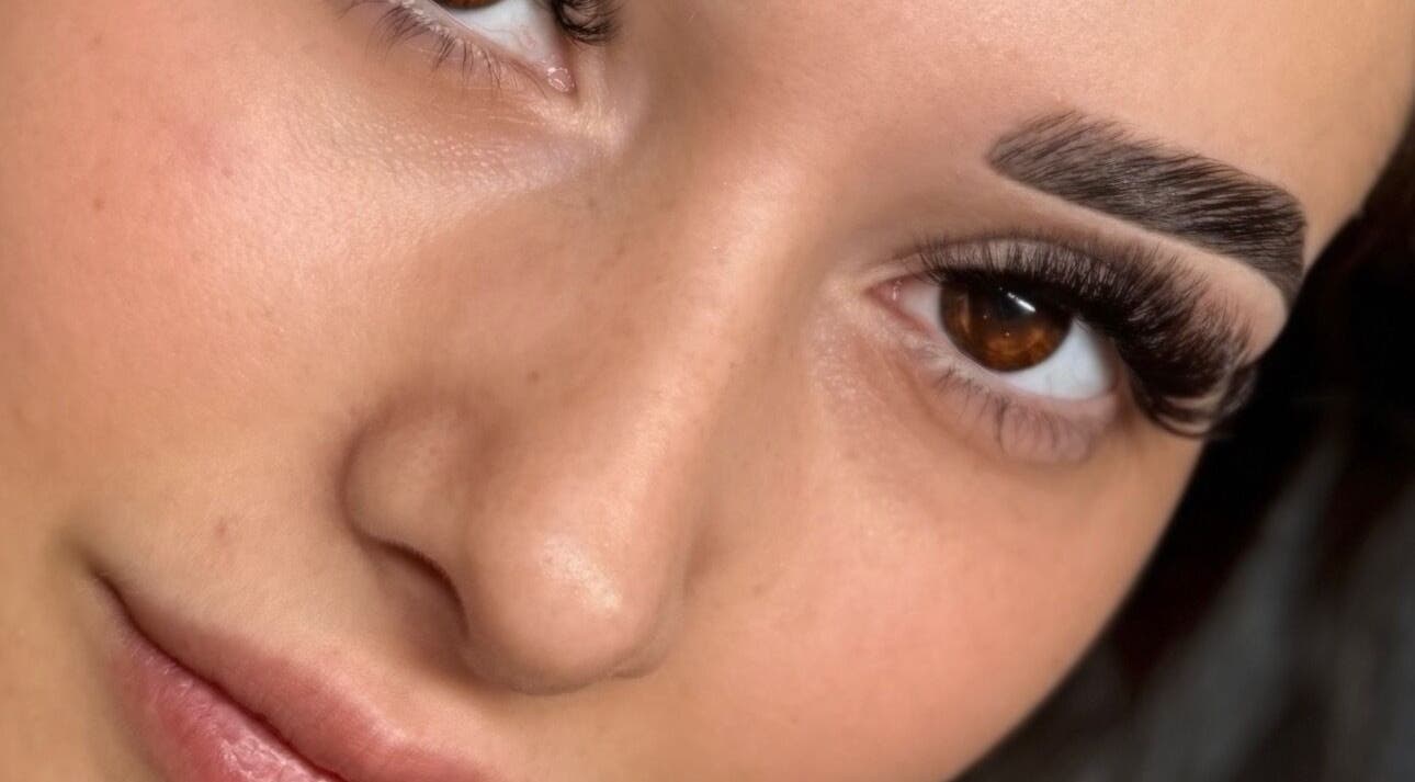 Close-up of lush lashes and groomed brows at Beeuti Haus, Box Hill, New South Wales, AU.