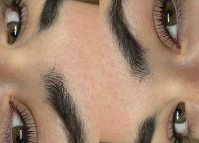 Close-up of well-groomed eyebrows and lashes at Beautycalls | Whitchurch in Whitchurch, England, GB.