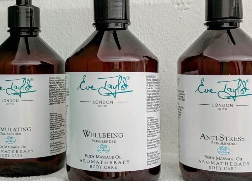Eve Taylor body oils for aromatherapy at New Leaf Massage, Brandon, England, GB. Enhancing wellness and relaxation.
