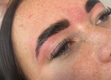 Close-up of expertly styled eyebrows and lashes at Beauty By Amc, Glasgow, Scotland, GB.