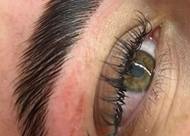 Closeup of expertly groomed lashes and brows at Beauty By Amc, Glasgow, Scotland, GB.