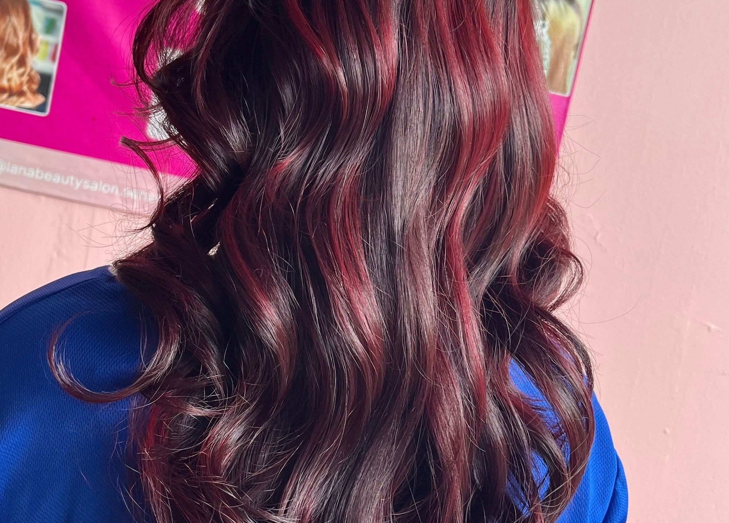 Stunning crimson highlights on wavy hair at Lana Beauty Salon Senawang, Seremban, Negeri Sembilan, MY.