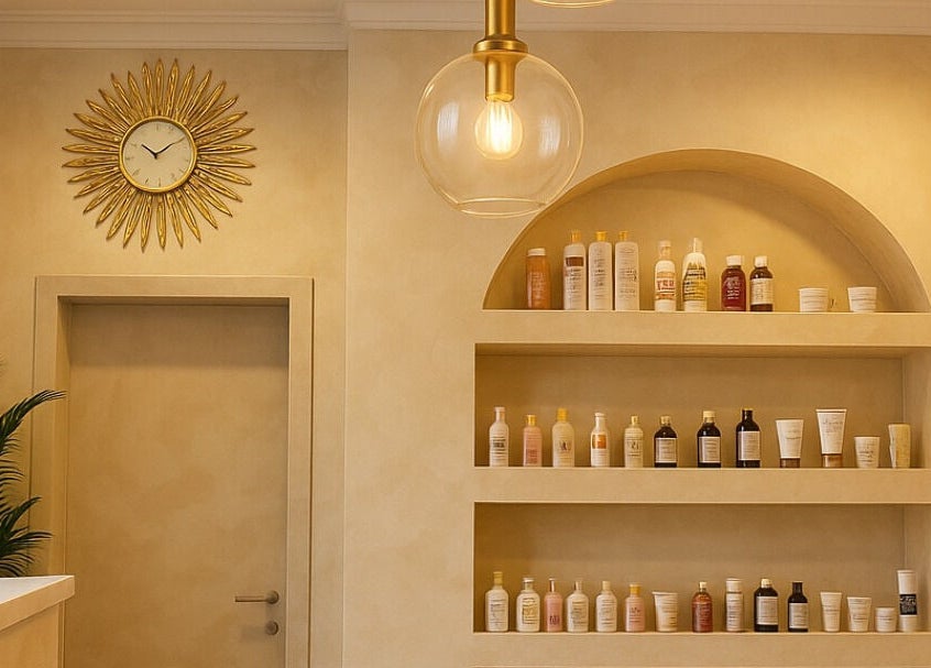 Elegant interior of Xtragleam Aesthetic Clinic, Ishara, Ogun State, NG, featuring product shelves and stylish decor.