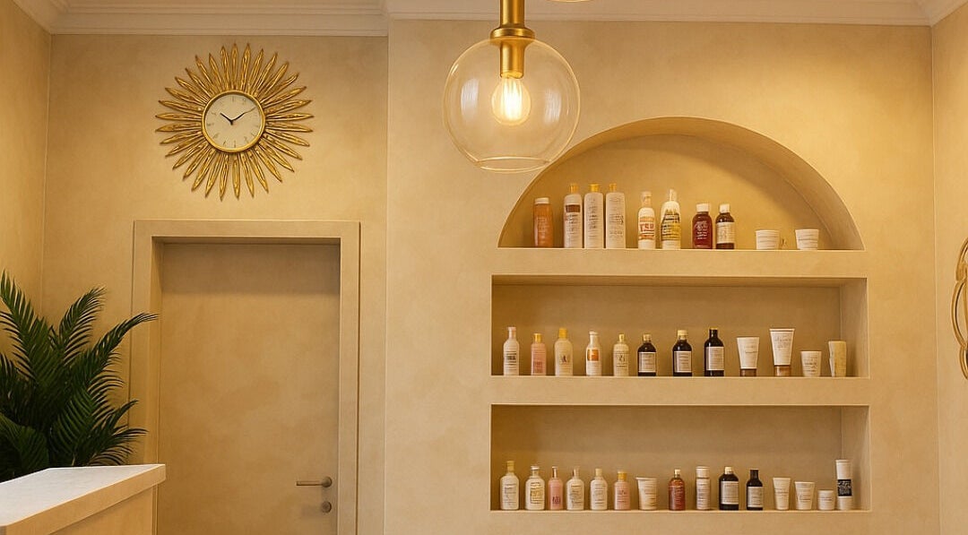 Elegant interior of Xtragleam Aesthetic Clinic, Ishara, Ogun State, NG, featuring product shelves and stylish decor.