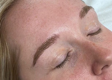 Close-up of relaxed face with perfect eyebrows at Beauty Custom Club Massage Studio, Newcastle upon Tyne, England, GB.