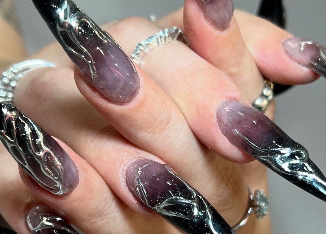 Elegant black and silver nail art by Ink & Ivory Nails in Perth, Western Australia, AU.