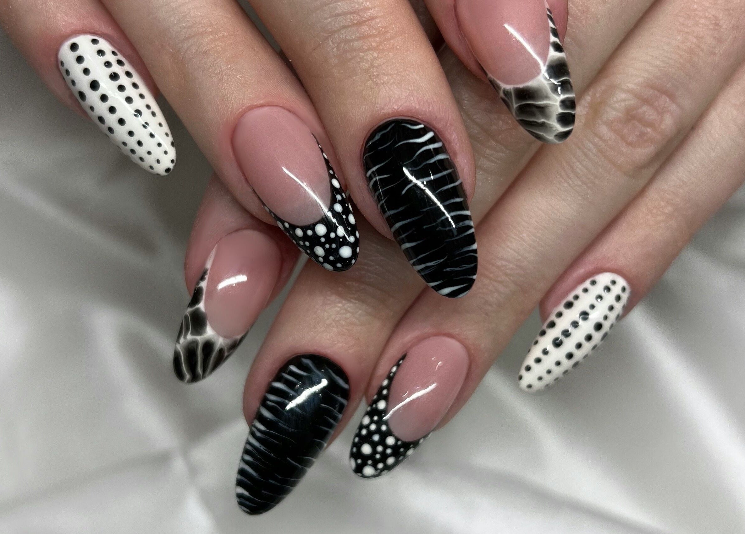 Intricate black and white nail art at Ink & Ivory Nails, Perth, Western Australia, AU.