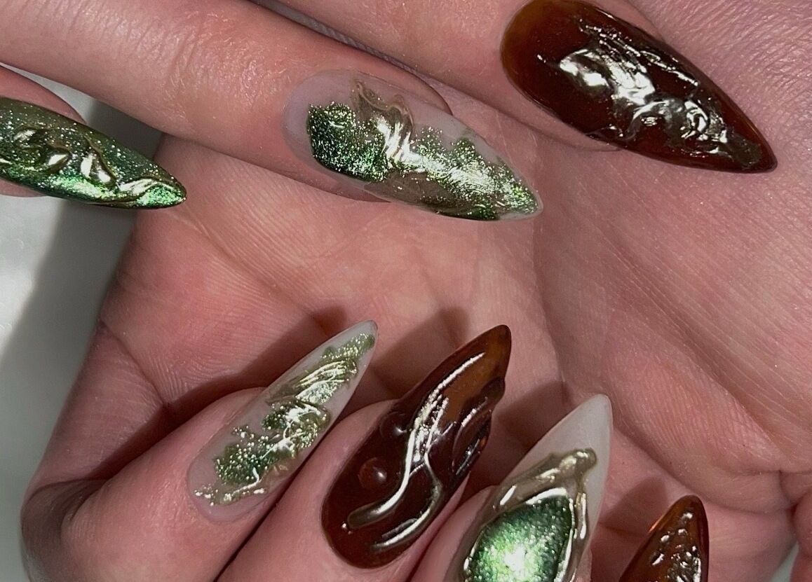 Elegant nail art with green and brown tones at Ink & Ivory Nails, Perth, Western Australia, AU.