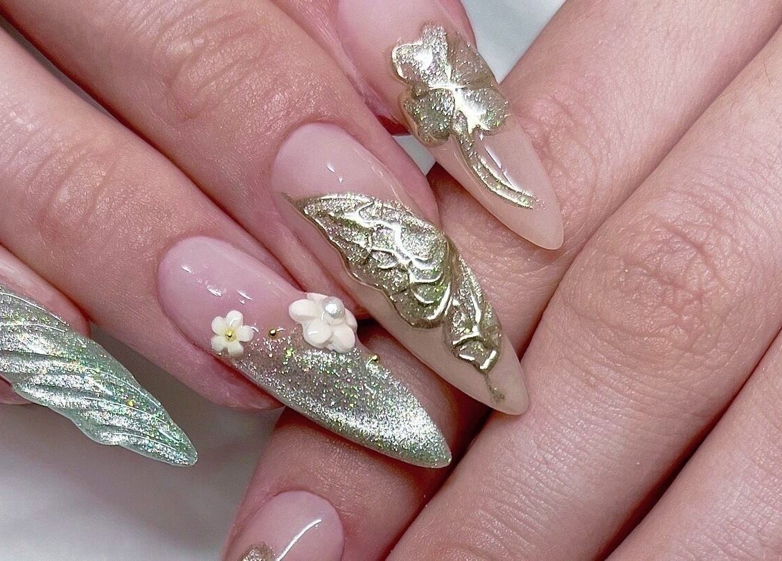 Elegant nail art with gold accents at Ink & Ivory Nails, Perth, Western Australia, AU.