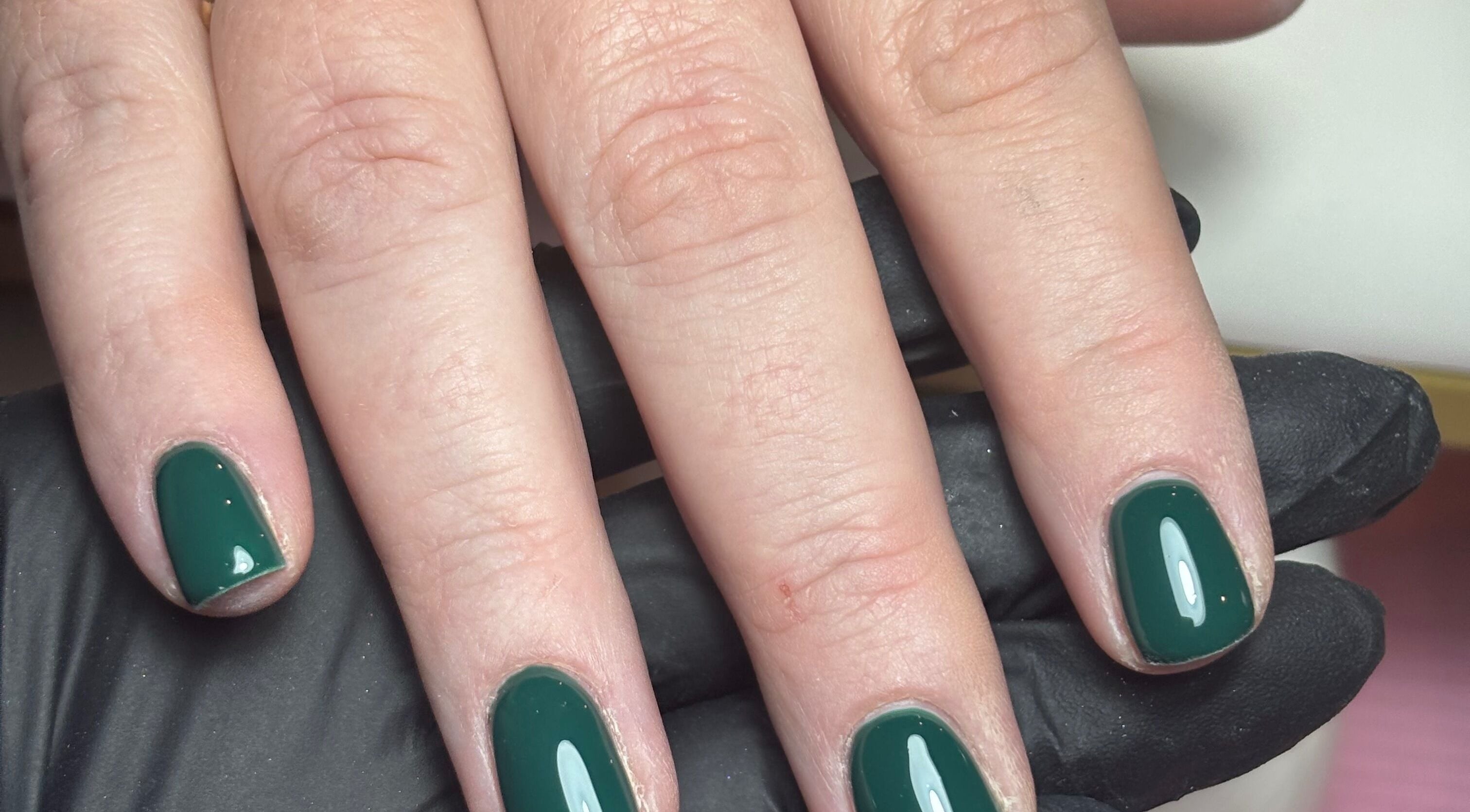 Close-up of emerald green manicure at Nails By LB, Alfreton, England, GB.