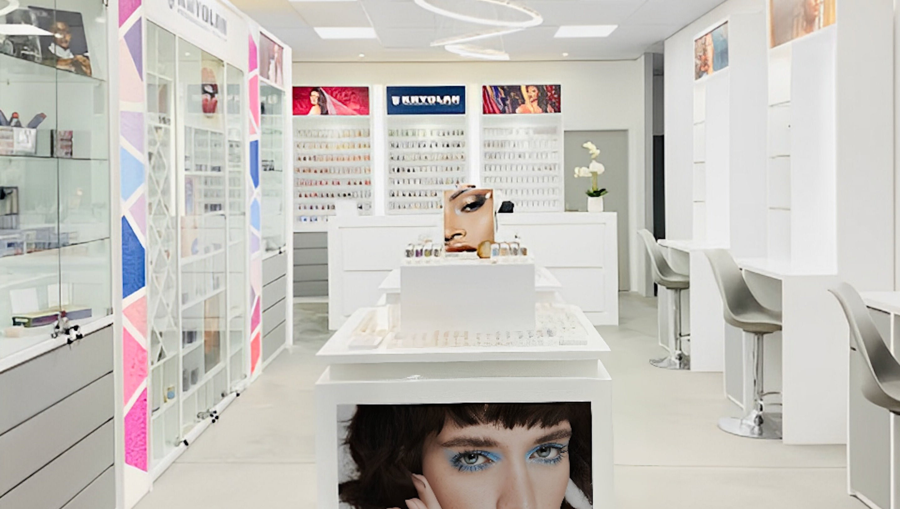 Bright, modern interior of Kryolan Silver Lakes in Shere, Gauteng, ZA, showcasing makeup displays and seating.